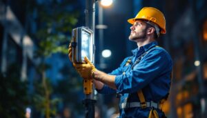 A photograph of a lighting contractor installing or inspecting a commercial light post in an urban setting
