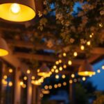 A photograph of a beautifully illuminated outdoor space featuring stylish ceiling lights