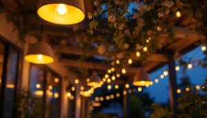 A photograph of a beautifully illuminated outdoor space featuring stylish ceiling lights