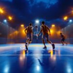 A photograph of a well-lit basketball court during an evening game