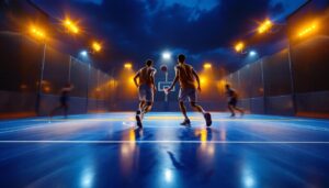 A photograph of a well-lit basketball court during an evening game