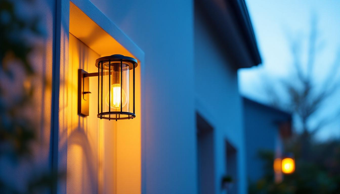 A photograph of a beautifully designed exterior light fixture installed above a front door
