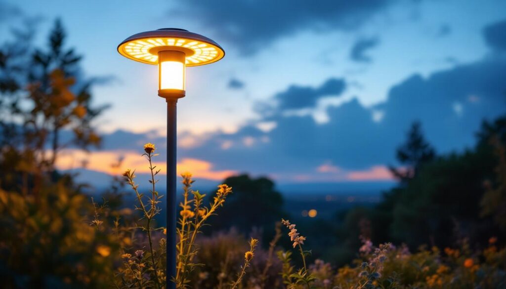 A photograph of a solar-powered lamp illuminated at dusk in a landscaped outdoor setting