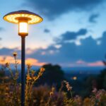 A photograph of a solar-powered lamp illuminated at dusk in a landscaped outdoor setting