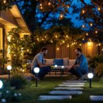A photograph of a well-lit outdoor scene featuring a variety of solar bulbs installed in a garden or patio setting