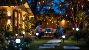 A photograph of a well-lit outdoor scene featuring a variety of solar bulbs installed in a garden or patio setting