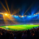A photograph of a vibrant stadium illuminated by led lights during an event