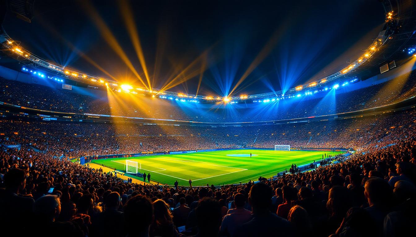 A photograph of a vibrant stadium illuminated by led lights during an event