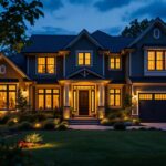 A photograph of a beautifully illuminated home exterior at dusk