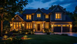 A photograph of a beautifully illuminated home exterior at dusk