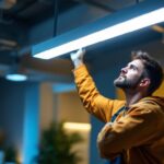 A photograph of a lighting contractor expertly installing a sleek 2ft led light fixture in a commercial or residential space