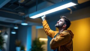 A photograph of a lighting contractor expertly installing a sleek 2ft led light fixture in a commercial or residential space