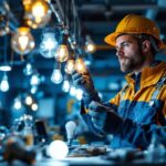 A photograph of a lighting contractor expertly installing or inspecting a variety of commercial light bulbs in a well-lit workspace