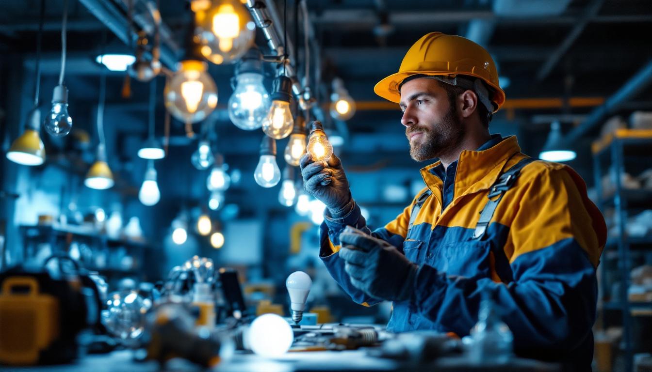 A photograph of a lighting contractor expertly installing or inspecting a variety of commercial light bulbs in a well-lit workspace
