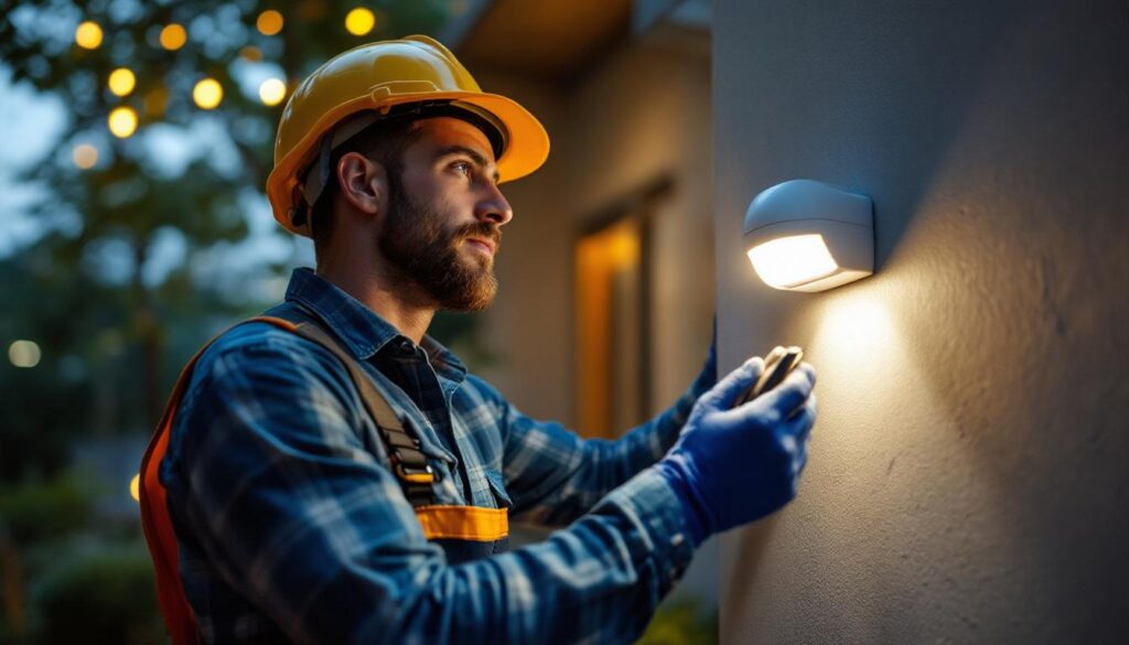 A photograph of a lighting contractor installing a motion light sensor in an outdoor setting