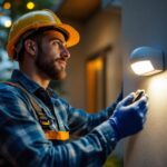 A photograph of a lighting contractor installing a motion light sensor in an outdoor setting
