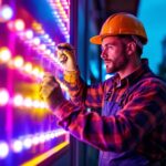 A photograph of a skilled lighting contractor installing vibrant led sign lights outdoors at dusk