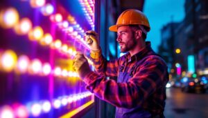 A photograph of a skilled lighting contractor installing vibrant led sign lights outdoors at dusk