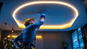 A photograph of a modern ceiling light strip installation in a stylish interior setting