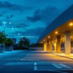 A photograph of a modern parking lot illuminated by stylish and energy-efficient light fixtures