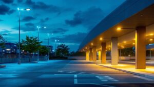 A photograph of a modern parking lot illuminated by stylish and energy-efficient light fixtures