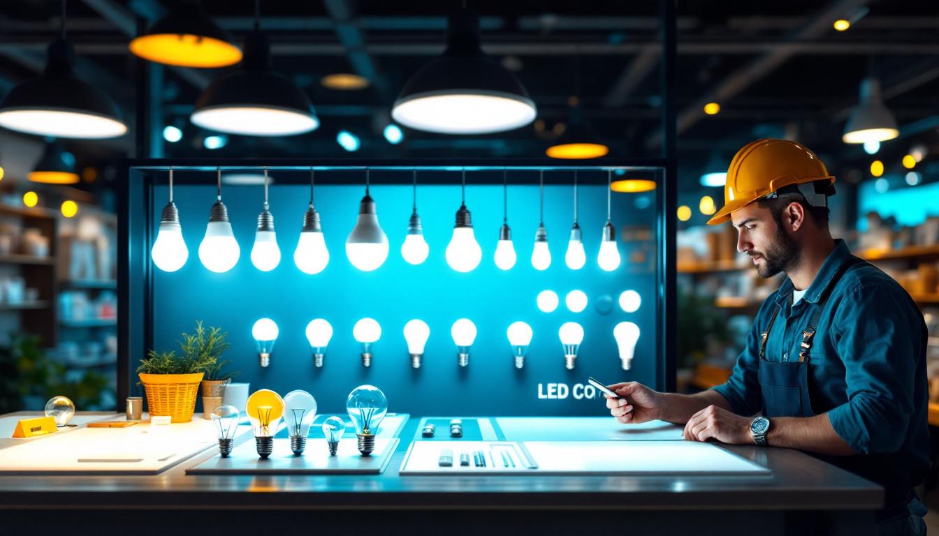 A photograph of a well-lit display showcasing a variety of led shop bulbs in an inviting retail environment