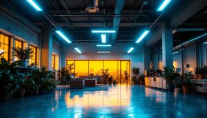 A photograph of a well-lit commercial space showcasing led 8ft lights in use