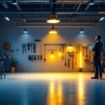 A photograph of a well-lit garage space showcasing various lighting options