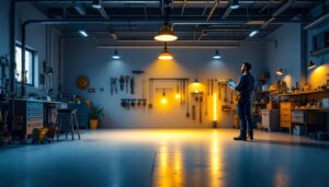 A photograph of a well-lit garage space showcasing various lighting options