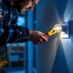 A photograph of a lighting contractor installing or adjusting a 12-volt dc light switch in a modern residential setting