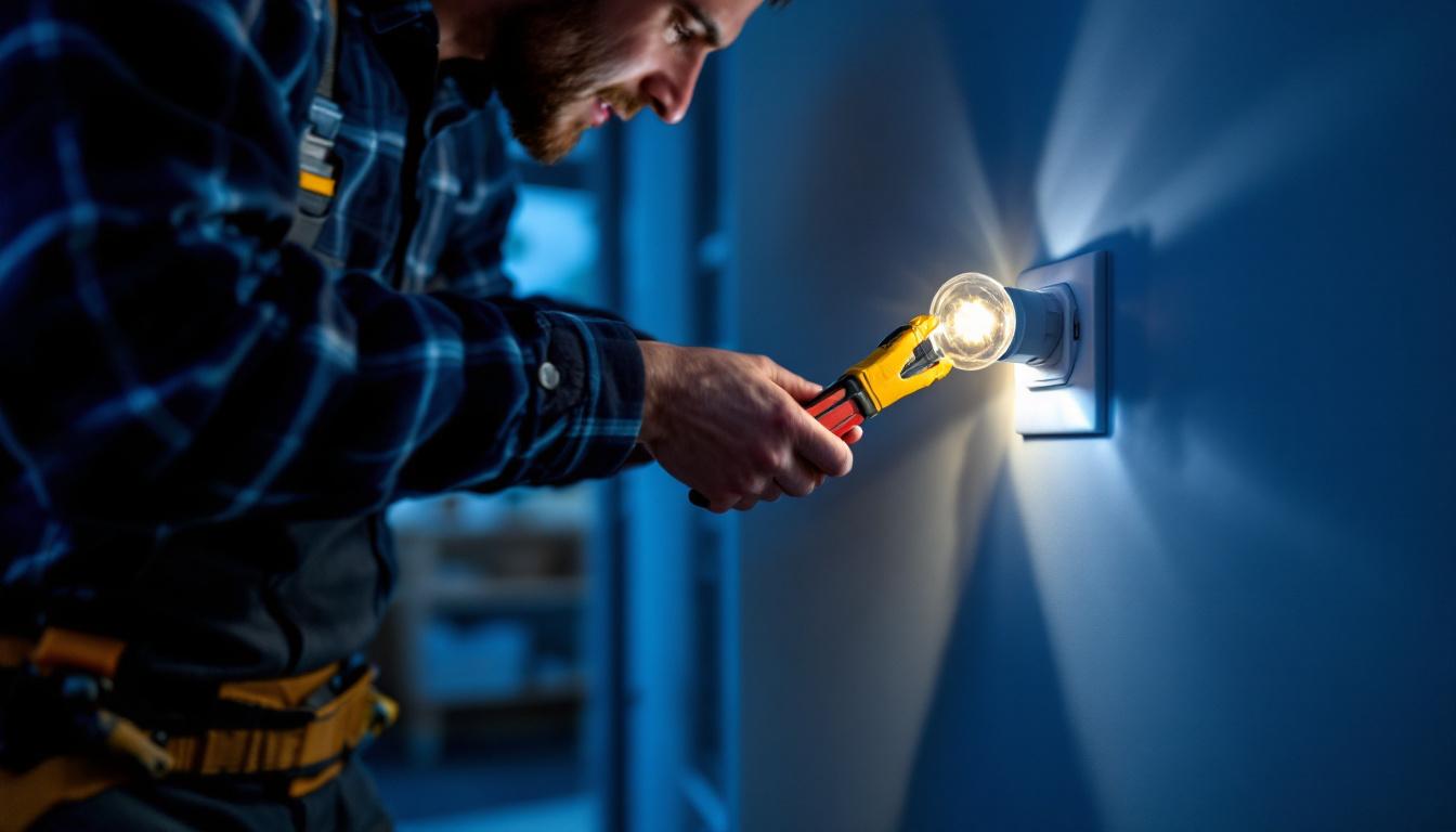 A photograph of a lighting contractor installing or adjusting a 12-volt dc light switch in a modern residential setting