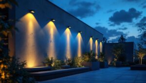 A photograph of a beautifully lit outdoor space showcasing an led wall pack in action
