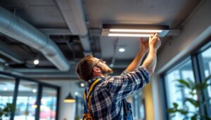 A photograph of a lighting contractor installing a sleek drop ceiling light fixture in a modern commercial space