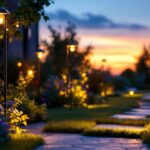 A photograph of a beautifully illuminated outdoor space featuring various styles of solar lights in use
