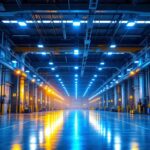 A photograph of a modern industrial space illuminated by sleek led highbay lights