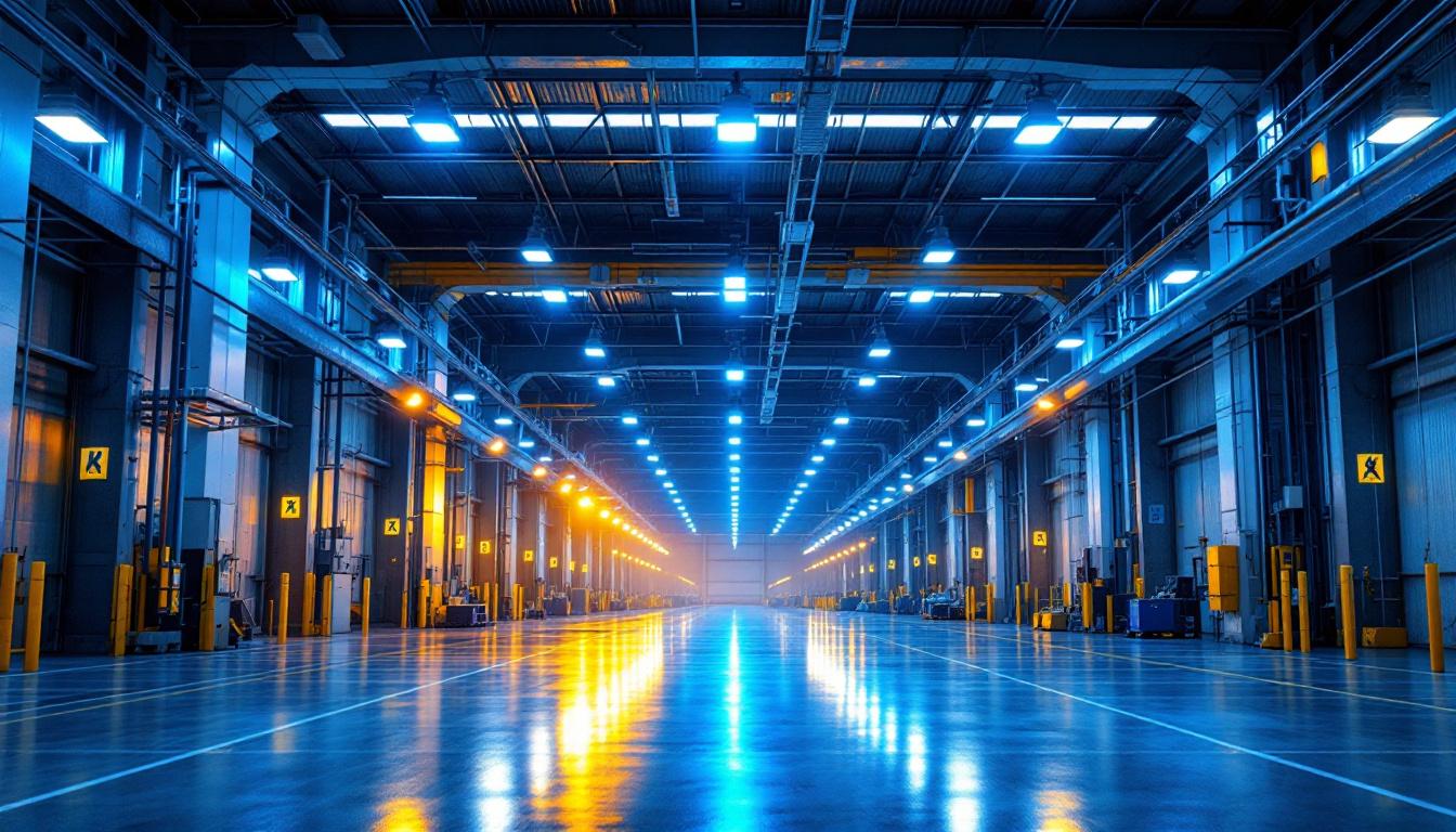 A photograph of a modern industrial space illuminated by sleek led highbay lights
