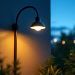 A photograph of a beautifully illuminated outdoor space featuring a stylish gooseneck light fixture