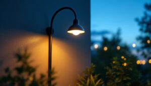 A photograph of a beautifully illuminated outdoor space featuring a stylish gooseneck light fixture