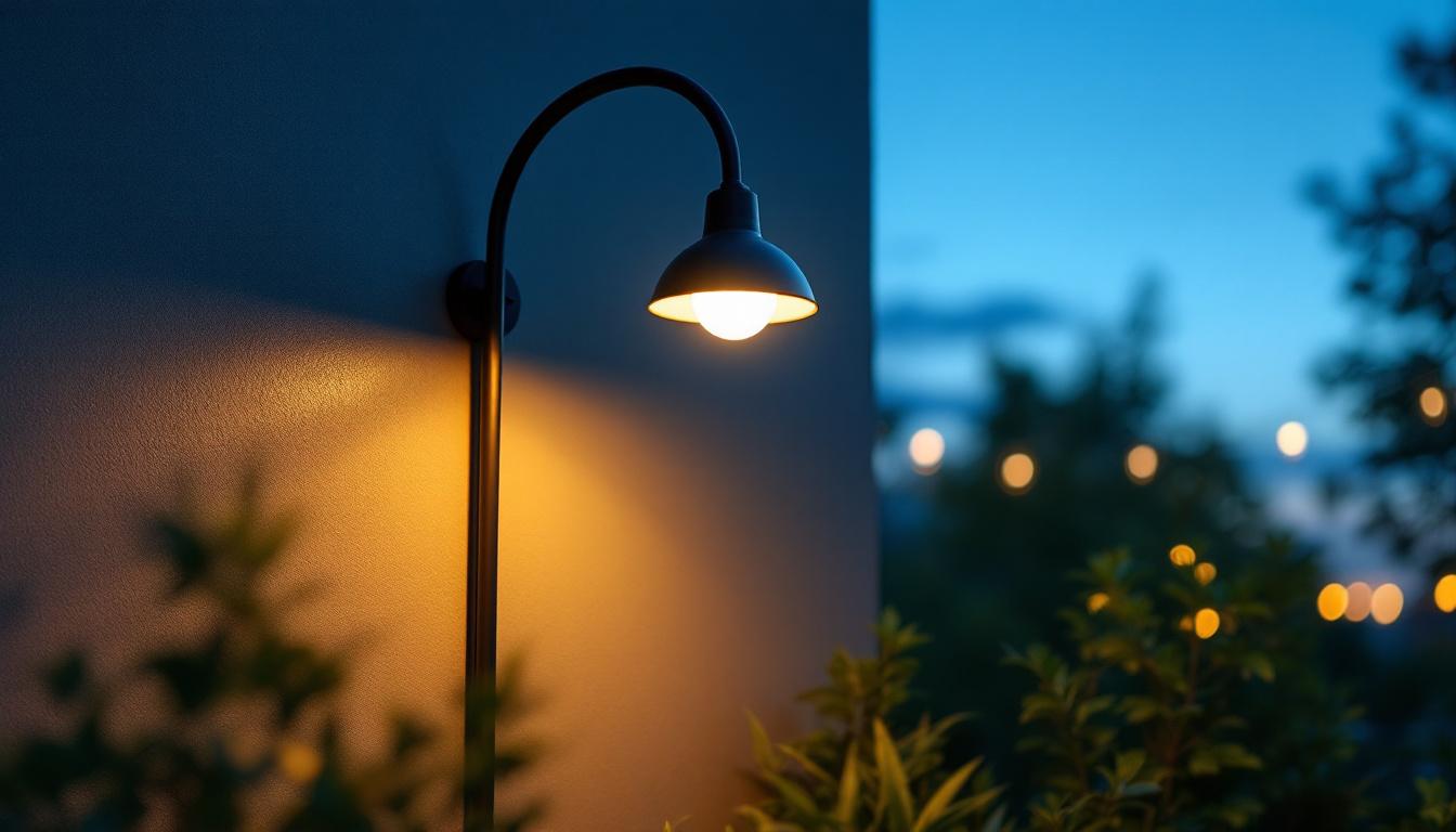 A photograph of a beautifully illuminated outdoor space featuring a stylish gooseneck light fixture