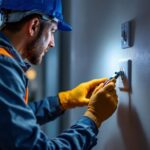 A photograph of a lighting contractor inspecting or installing an electrical switch outlet in a residential setting