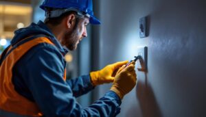 A photograph of a lighting contractor inspecting or installing an electrical switch outlet in a residential setting