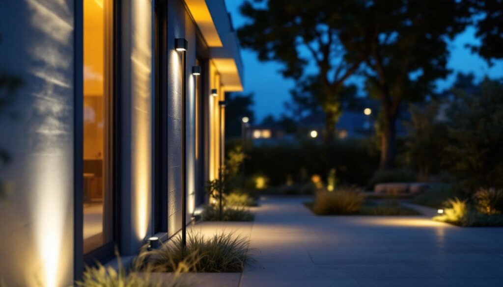A photograph of a well-lit outdoor space at dusk