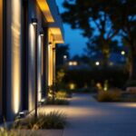 A photograph of a well-lit outdoor space at dusk