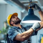 A photograph of a skilled lighting contractor installing a light hanger in a well-lit space