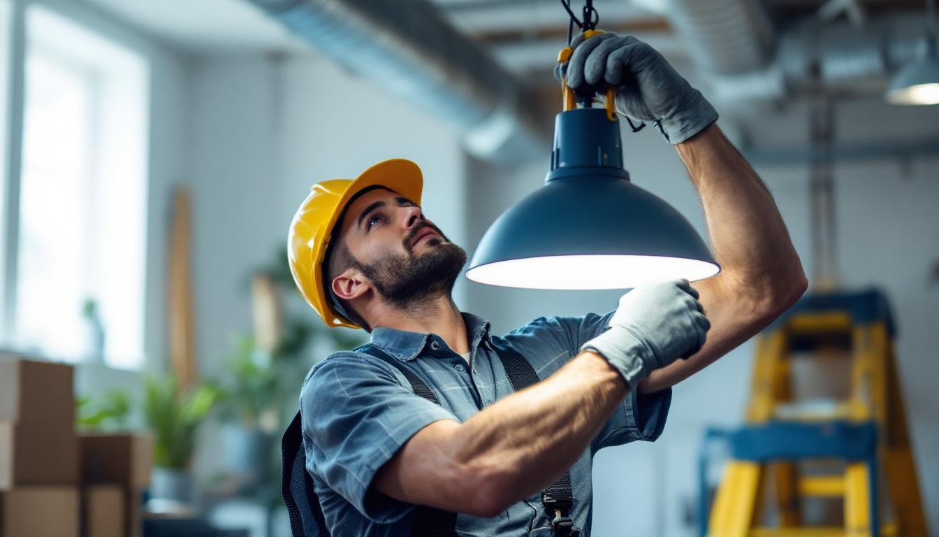 A photograph of a skilled lighting contractor installing a light hanger in a well-lit space