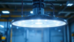 A photograph of a vapor-tight led light fixture installed in an industrial or commercial setting