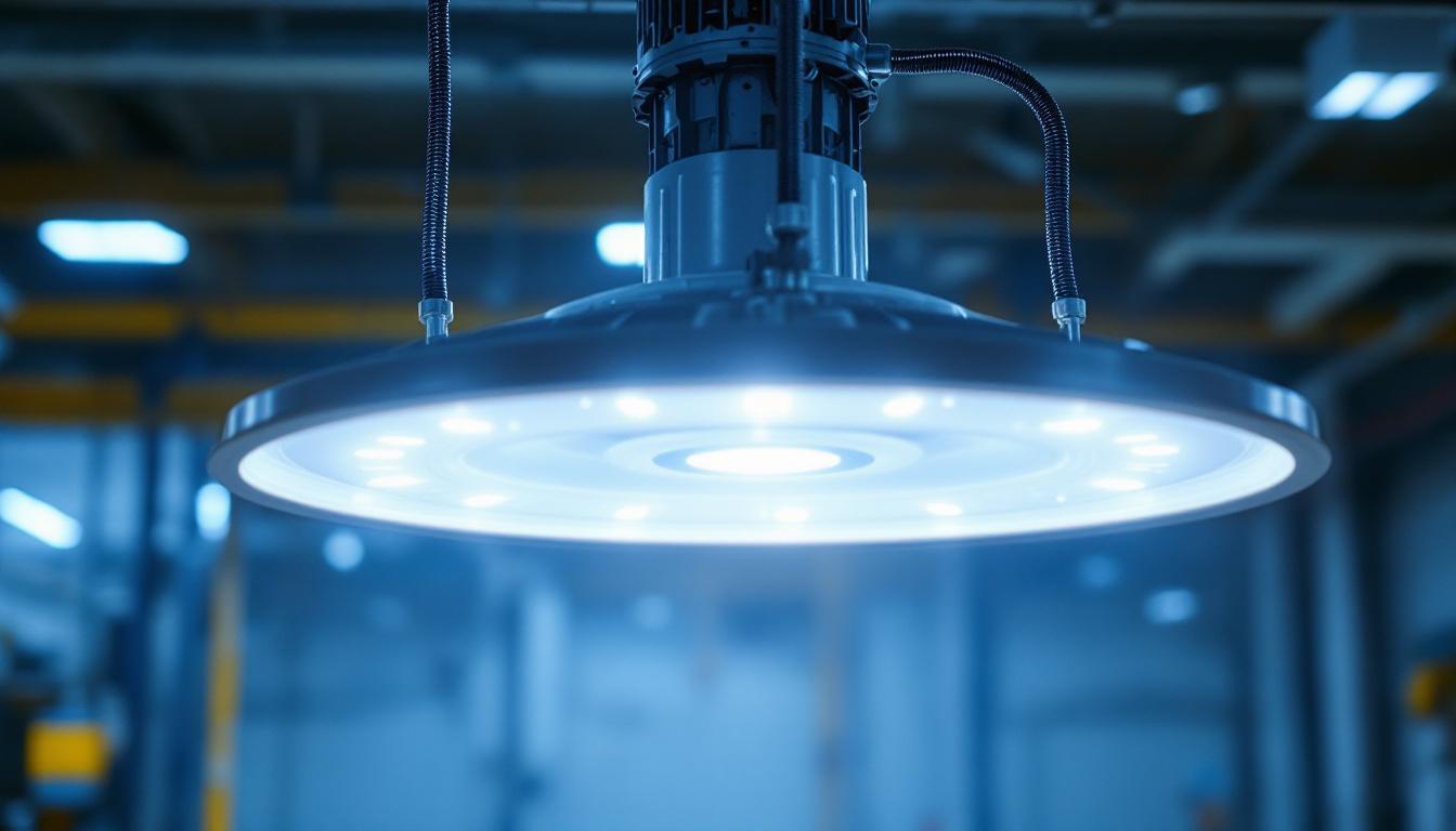 A photograph of a vapor-tight led light fixture installed in an industrial or commercial setting