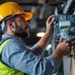 A photograph of a lighting contractor installing or inspecting a four lamp ballast in a commercial or residential setting