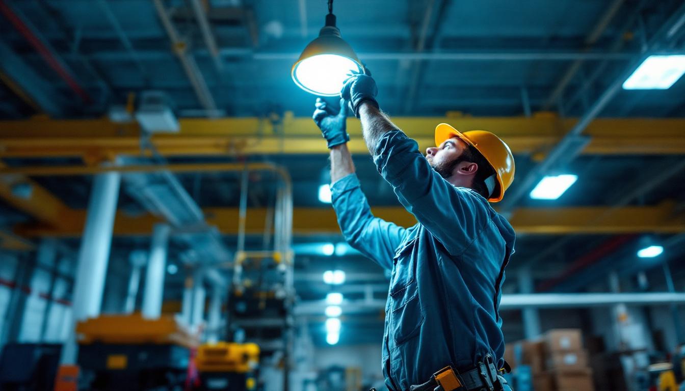 A photograph of a lighting contractor expertly installing or adjusting an 8-foot light fixture in a commercial or industrial setting