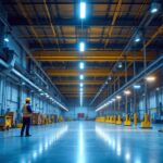 A photograph of a well-lit industrial space showcasing the sleek design and bright illumination provided by led linear high bay lights